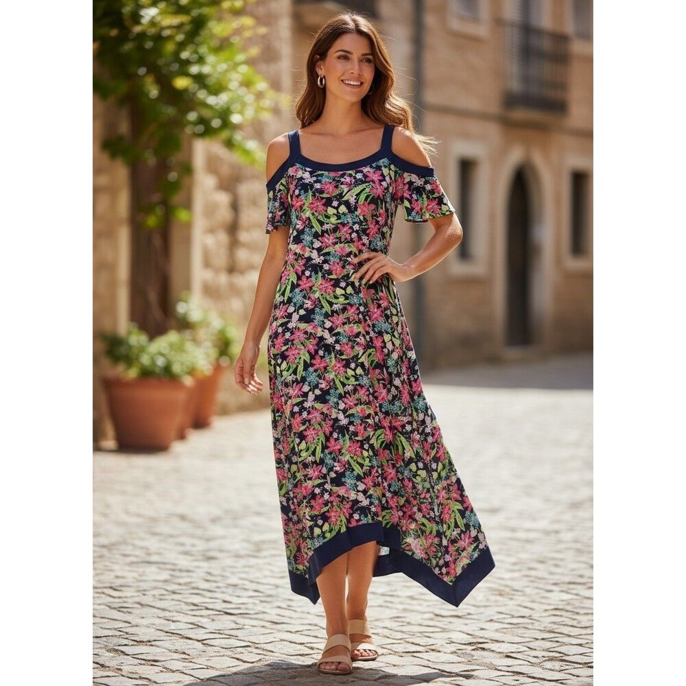 Rafaella Maxi Dress  Lily Floral Cold Shoulder Handkerchief Hem